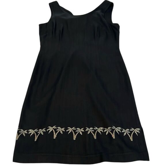 Tiki classics sz6 black w/Palm tree boarder 100% silk sleeveless sheath EUC - Picture 1 of 11